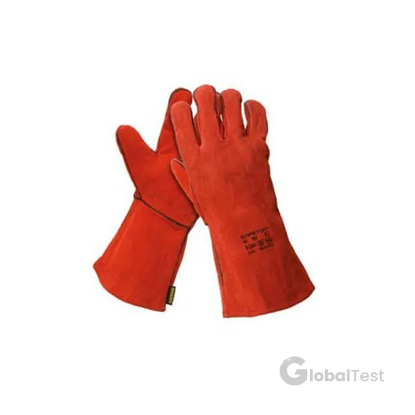 Gant soudeur M15 – croûte de cuir rouge 1,25 mm, coutures cachées, doublure coton, longueur 35 cm. Norme EN1149‑2 (propriétés antistatiques), haute résistance mécanique, confort et protection thermique améliorée