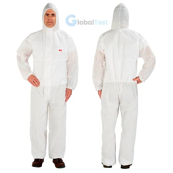 Combinaison de protection blanche jetable type 5/6 – en non-tissé respirant SMS (50 g/m²), légère et confortable, écran contre poussières fines et projections chimiques légères, capuche, poignets et chevilles élastiqués, fermeture à glissière double curseur avec rabat anti-infiltration – idéal pour usages industriels, médicaux et nettoyage