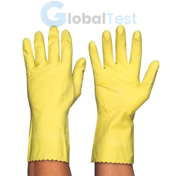 Gants de ménage Globaltest — latex naturel jaune texturé, protection longue manche contre les produits détergents. Gants non poudrés, robustes et souples, offrant grip optimal, confort et résistance à l’usure. Parfaits pour entretien, vaisselle, nettoyage industriel léger ou tâches ménagères fréquentes.