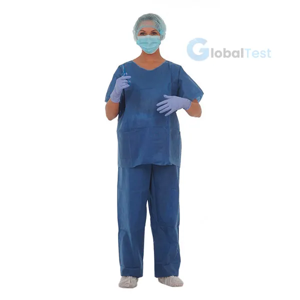 Tenue Bloc Opératoire en SMS 38 g, ensemble deux pièces (haut à col V manches courtes, pantalon à liens), bleu stérile, léger, respirant, emballé individuellement pour stérilité, idéal pour bloc opératoire et environnement médical.