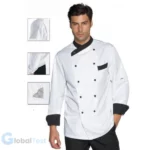 VESTE‑CHEF‑CUISINE veste professionnelle en polyester SUPER DRY 130 g/m², tissu antitache, respirant et léger, coupe ergonomique, col officier, fermeture par grippers, disponible en blanc, tailles S à XL, idéale pour les professionnels de la restauration.