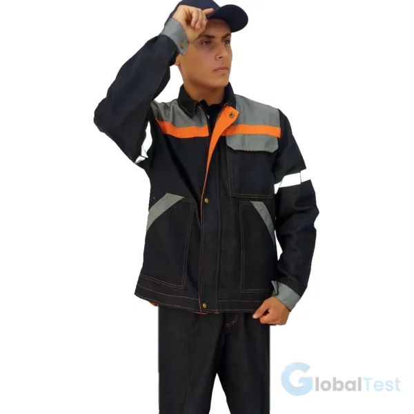VESTE‑ET‑PANTALON‑DE‑TRAVAIL‑HOMME ensemble professionnel en polyester/coton, veste à col chemise et manches longues avec 3 poches, pantalon à braguette zippée et 2 poches, conçu pour les métiers techniques et industriels, disponible en tailles variées.
