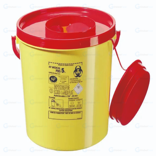 Collecteur d'aiguille 5L en plastique rigide jaune avec couvercle rouge, conçu pour l'élimination sécurisée des objets piquants et coupants en milieu médical.