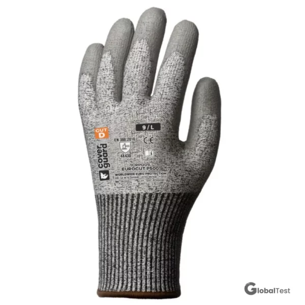 Gants Eurocut P500 gris antécoupure — tricot fin sans couture HPPE + fibres minérales, enduction PU paume pour un grip optimal, poignet tricoté. Forte résistance à l’abrasion, excellente durabilité, maintien et confort optimisés