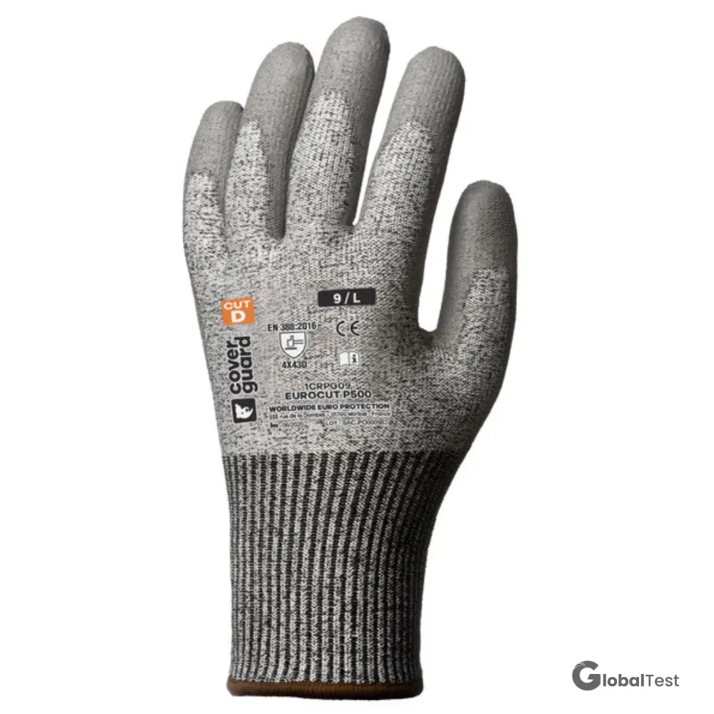 Gants Eurocut P500 gris antécoupure — tricot fin sans couture HPPE + fibres minérales, enduction PU paume pour un grip optimal, poignet tricoté. Forte résistance à l’abrasion, excellente durabilité, maintien et confort optimisés