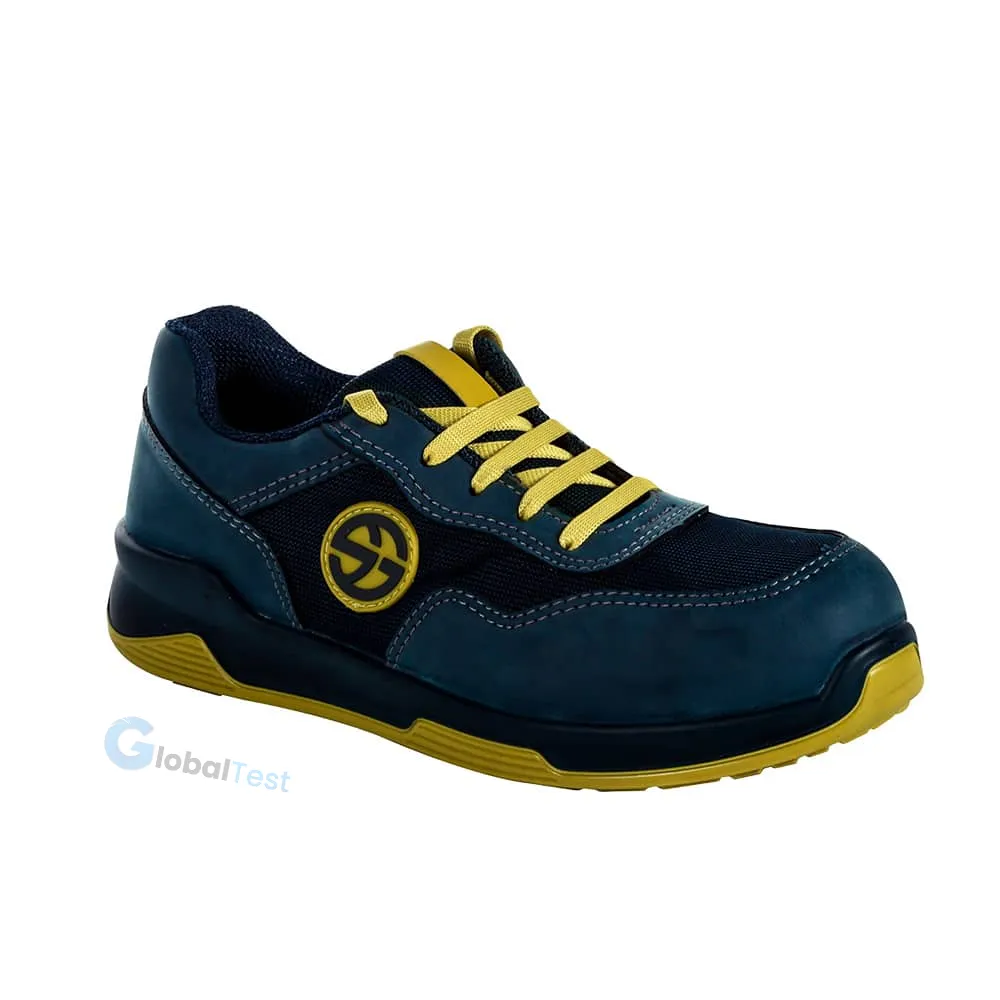 Chaussures de sécurité GLOW SAFETY – Bleu S3 – modèle bas conforme à la norme EN ISO 20345:2011 (classe S3), tige en microfibre hydrofuge, doublure en tissu respirant, embout en acier inoxydable résistant jusqu’à 200 joules, semelle en PU mono-densité antidérapante, résistante aux hydrocarbures et perforations, première de propreté amovible et antibactérienne