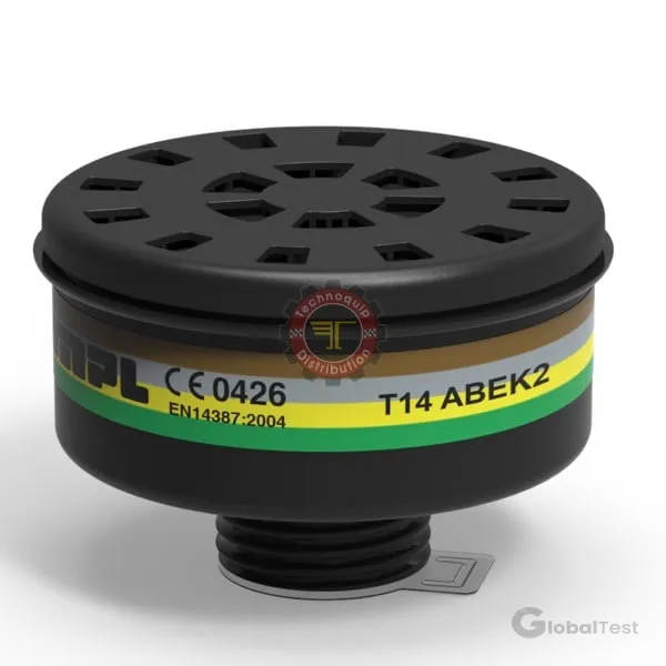 Filtre à gaz ABEK2 T14, protection multiple contre vapeurs organiques, inorganiques, acides et ammoniac, classification ABEK2 (classe 2 — jusqu’à 5 000 ppm), connexion filetage standard T (EN 148-1), boîtier robuste, conforme à la norme européenne EN 14387, faible résistance respiratoire pour usage prolongé en industrie pétrochimique, pharmaceutique, traitement des eaux et déchets.