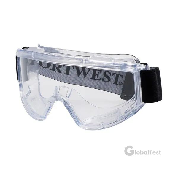 Lunette de protection oculaire Portwest en PVC souple mono-bloc avec lentilles panoramiques anti-rayures et anti-buée, ventilation indirecte, protections latérales renforcées, élastique réglable, compatible avec lunettes de vue, filtre 99 % UV, ultra confortable pour utilisation prolongée dans les chantiers, laboratoires ou milieux industriels.